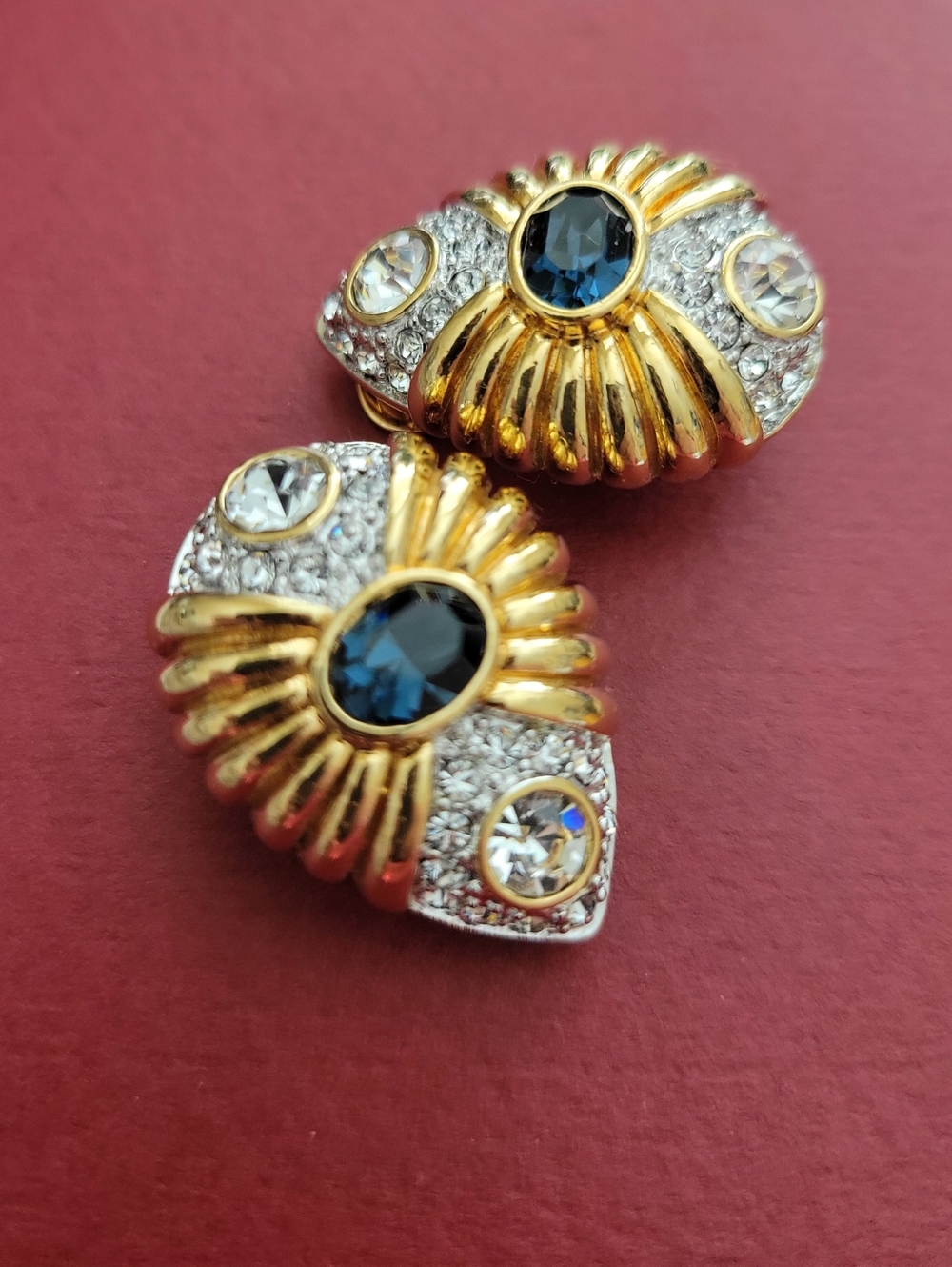 Vintage Nolan Miller Sign Gold Tone & Blue White Rhinestones Clip-On Earrings